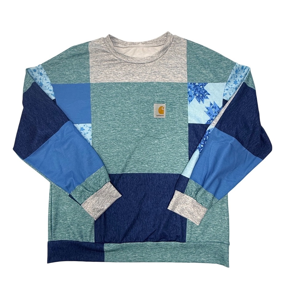 Carhartt Patchwork Sweatshirt Blue Teal Floral upcycled Crewneck Pullover